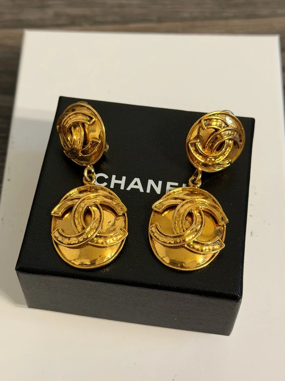 CHANEL Vintage Gold CC Medallion Drop Clip On Earrings